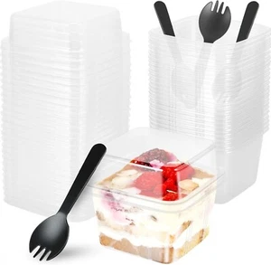 50Pcs 8Oz Plastic Dessert Cups with Lids and Forks Cupcake Container Clear Squar - Picture 1 of 10