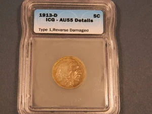 1913 D Buffalo Nickel, Certified by ICG AU55 Type 1, Hard to Find - Picture 1 of 4