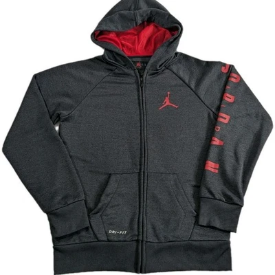 Moletom com capuz Nike Air Jordan Dri-Fit (tamanho grande 12-13 anos) zíper completo preto com vermelho - Imagem 1 de 4