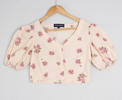 Top corto Princess Highway algodón lino talla 6 rosa crema floral manga globo Foto 1 de 4