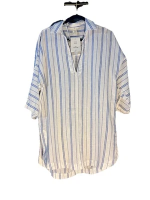 H&M NWT White With Blue Stripes Colored Deep V Tunic Top Cover-up Dress XS - Image 1 of 4