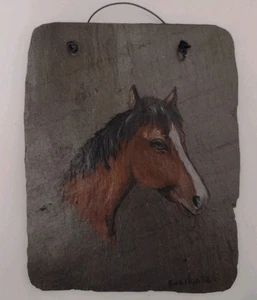 Antikes Dach Schiefer Original Gemälde braunes Pferd Handwerk Wandkunst 5x6" - Bild 1 von 2