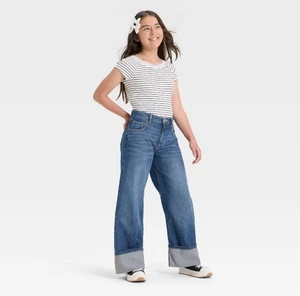 Mädchen lässig Mid-Rise locker gerades Bein Jeans Größe 14 verstellbare Taille - Bild 1 von 8