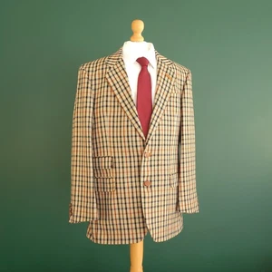DAKS Blazer Men's Size 40R Tan Multi Check 100% Wool Leather Detail Tweed Jacket - Picture 1 of 21