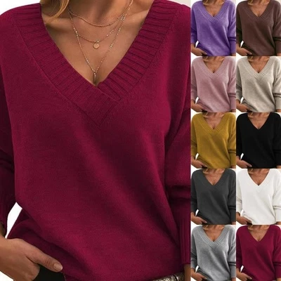 Women Sweater Long Sleeve Knitted Sweaters Ladies Travel Warm V Neck Jumper Tops - Image 1 of 4