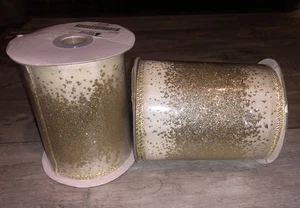 "Cinta de Navidad dorada con cable metálico marfil champán brillo 2 rollos 4"" x 10 yardas" - Imagen 1 de 3