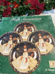 Folk Snowman Set Of 4 Stoneware Snowman Salad Dessert Plates Susan Winget - Picture 1 of 8