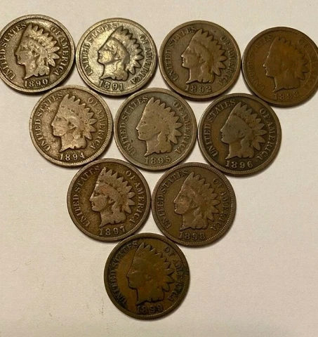 1890-1899 Indian Head Cent Penny Set Lot, 10 Coins Very Good+ Cover