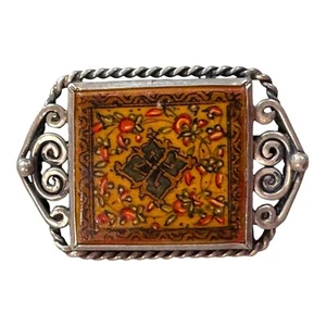 Vintage Persian Miniature Tile Hand Painted Sterling Silver Brooch Scroll Design - Picture 1 of 5