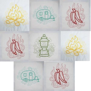 CAMPINGANHÄNGER LAGERFEUER CAMPER MASCHINE BESTICKT QUILT BLOCK SET MIT 8 BLÖCKEN - Bild 1 von 9