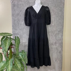 ASOS EYELET BLACK Babydoll MIDI LONG TIERED DRESS WOMEN'S SIZE 14 Puff sleeves - Picture 1 of 10