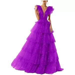 Women’s Sparkle Tiered Tulle Ball Gown V Neck cut - Picture 1 of 4