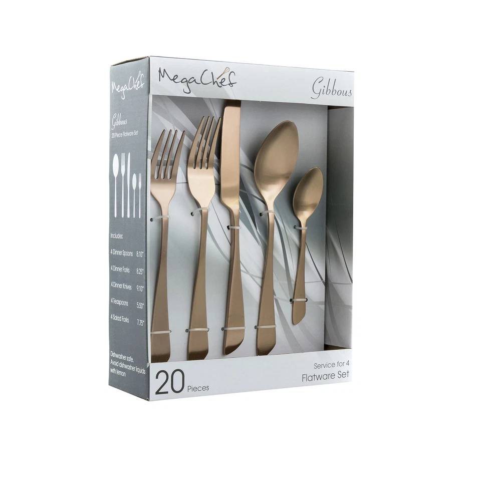 MegaChef Gibbous 20pc Stainless Steel Silverware Flatware Set for 4 in Rose Gold