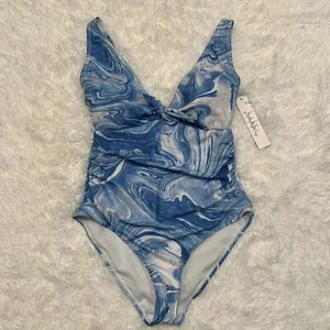 Nicole Miller Sweetheart Center Tie One Piece in Blue Tropic Swirl - Picture 1 of 6
