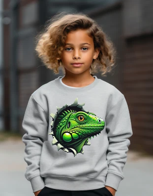 Kids green Iguana funny crewneck sweatshirt, childs reptile gift lizard jumper. - Image 1 of 4