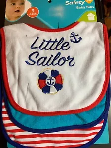 3-PACK BABY BIBS BY SAFETY 1ST NWT LITTLE SAILOR STRIPE NAUTICAL TERRY CLOTH BOY - Picture 1 of 4