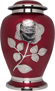 Silver Rose Cremation Urn - Funeral Urn with Large Flower on Red Enamel - Burial - Picture 1 of 12