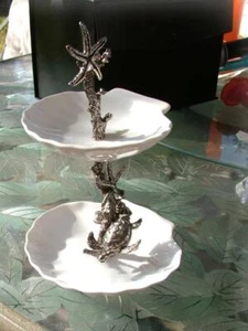 Double Tier Ceramic Scallop Shell Dish with Sea Turtle Starfish decor - Picture 1 of 6