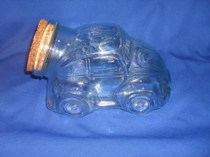 VOLKSWAGEN BEETLE CAR CLEAR GLASS COOKIE, BISCUIT, CANDY JAR WITH CORK LID - Picture 1 of 5
