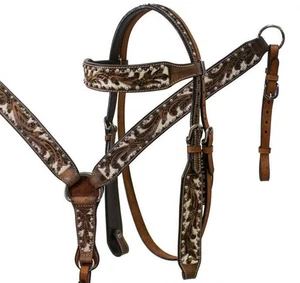 Leather Headstall & Breast Collar with White Inlay Western Floral Tooled - Picture 1 of 4