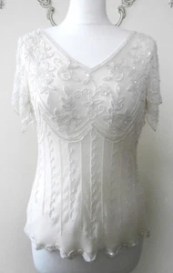 Vintage 1990's Beaded & Sequinned Ivory-White Silk Flapper Style Top Size 8-10 - Picture 1 of 7
