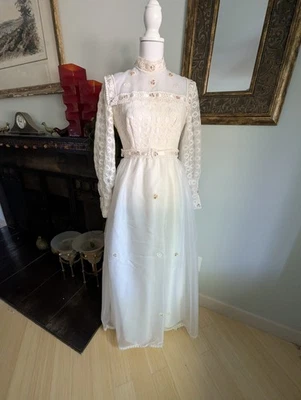 Maxi Vestido de Boda Vintage Años 70 Encaje Boho Pradera Hippy Rosa Flores Talla Pequeña Foto 1 de 4