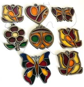 Vintage Lot of 8 Sun Catchers Stained Glass Flower Butterfly - Picture 1 of 9