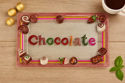 Decorative Glass Tray – Chocolate Candy Theme – Kitchen or Dessert Bar Decor - Image 1 of 4