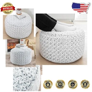 Luxuriously Soft Round Pouf Ottoman 20"x12" for Living Room - Gray Floral Design - Picture 1 of 10