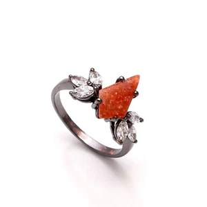 Natural Sunstone Kite Delicate Ring 925 Sterling Silver Black Oxidized Jewelry - Picture 1 of 20