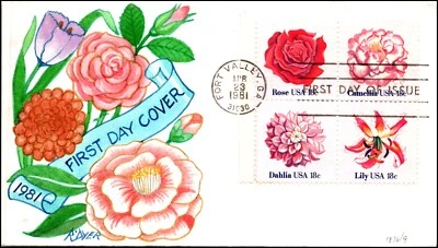 Scott 1879a 18 Cents Flower Issue Ralph Dyer Hand Painted FDC - Image 1 of 2
