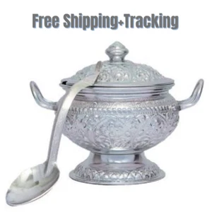 Rice Bowl & Ladle Spoon Thai Pattern Rice Container Aluminum Curry Serving  - Picture 1 of 7