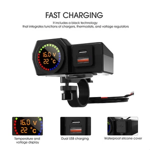 Waterproof Motorcycle USB + Type C Charger Voltage Temperature Display Voltmeter - Zdjęcie 1 z 12
