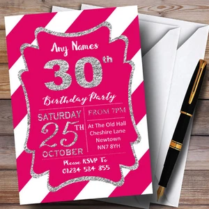Pink White Diagonal Stripes Silver 30th Personalised Birthday Party Invitations - Picture 1 of 1