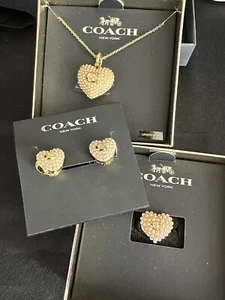 COACH Set/ Lock Heart Necklace /Earrings Set /Vintage Pearl Pave/Gold - Picture 1 of 4