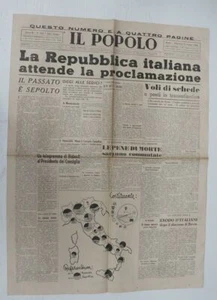 Zeitung DAS VOLK Jahr 1946 Nr. 134 vom 9. Juni Proklamation. Italienische Republik - Bild 1 von 1