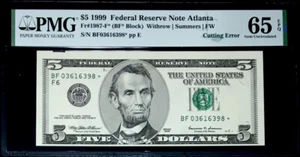 GEM*STAR* $5 Federal Reserve Note-Cutting Error-Black Line Show On Top-PMG#65EPQ - Picture 1 of 4