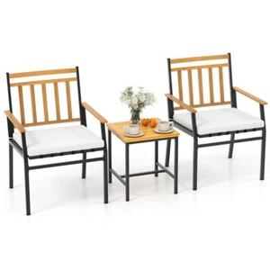 3 Pcs Patio Garden Acacia Wood Furniture Chair Set w/ Seat Cushion Coffee Table - Picture 1 of 10