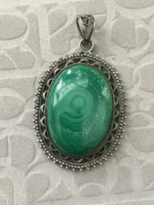 Vintage Pendant Natural Stone Large Handmade African Malachite 925 Silver 1950 - Picture 1 of 9