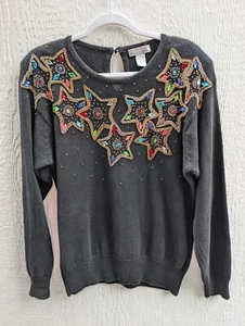 VTG Lindsey Blake Embellished Rhinestones Beads Stars Embroidered Sweater Large - Picture 1 of 5