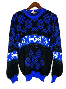 Vintage OSSI Men's Size Large Ski Sweater Wool Blend Blue Black Graphics Nordic - Picture 1 of 11