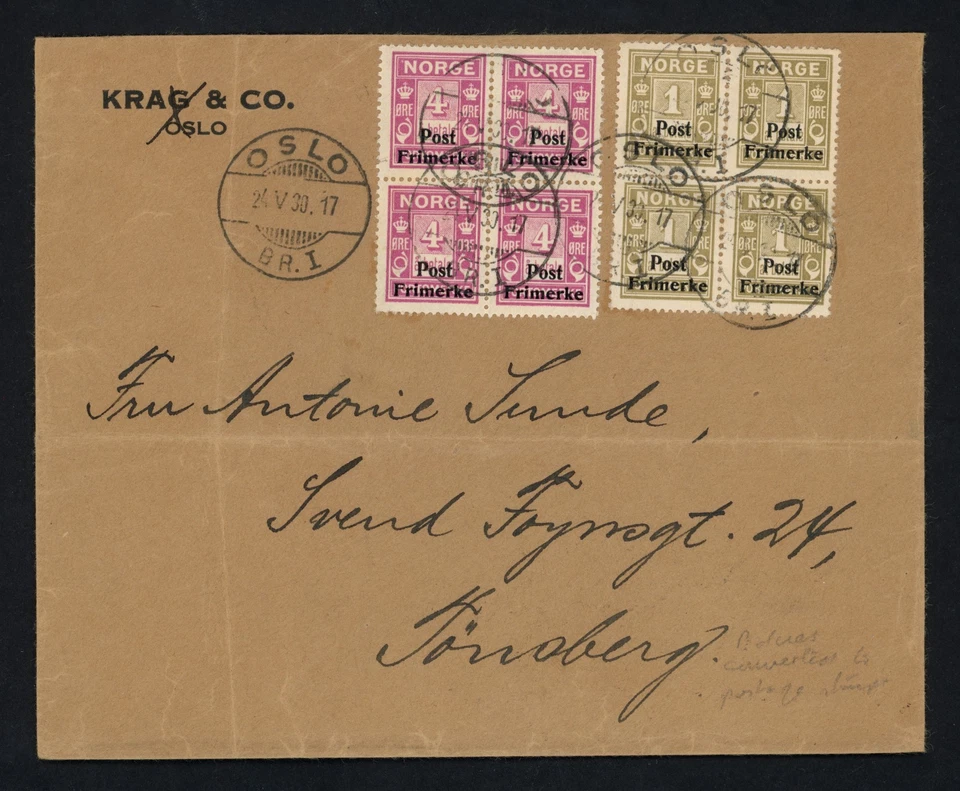 Noruega 1930 cubierta para Tonsberg 4 núcleos y 1 mineral bloques de 4 con Frimerke O/P Oslo CDS Foto 1 de 2