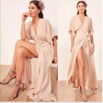 Reformation Winslow Maxi Viscose Wrap Dress Kimono Sleeve Beige Champagne Size M - Image 1 of 4