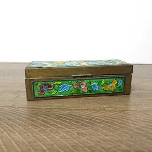 Vintage Chinese Enameled Brass Stamp Box Hinged Floral Motif - Picture 1 of 12