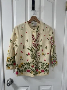 Rare Vintage Colorful 1950’s Button Up Wool Sweater Cardigan Floral Print S/M - Bild 1 von 7