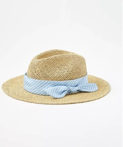 LOFT NWT Women's Striped Tie Straw Fedora Hat - Cornflower Blue - Size S/M - Picture 1 of 2