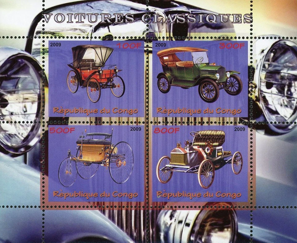Congo Classic Car Automobile Vintage Transportation Souvenir Sheet of 4 Stamps M - Image 1 of 1