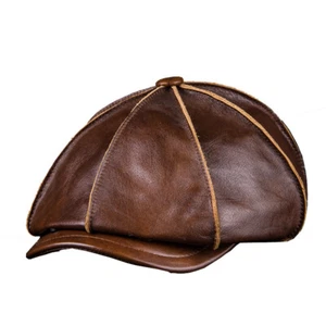 Men's Real Genuine Cow Leather Hats Warm Flat Hat Beret Earmuffs Hat HuntingCap - Picture 1 of 7