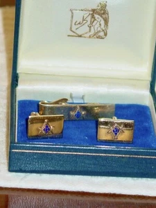 Vintage Mason Masonic Flexlet Cufflinks & Matching Tie Bar Gold Original Box - Picture 1 of 3