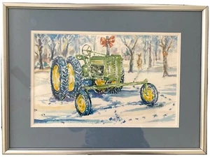 John Deere Tractor Winter Scene Watercolor Print By C. Christman - Picture 1 of 3
